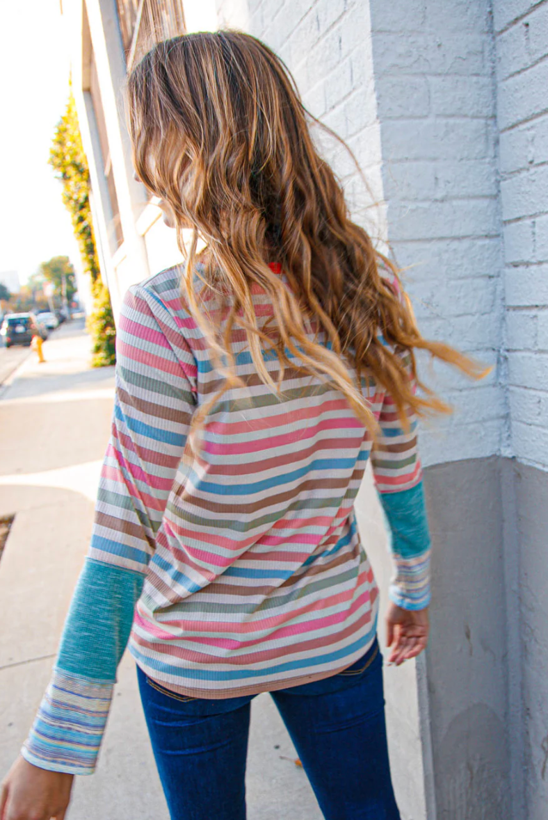Coral Taupe Multistrip Rib Out Seam Detail Top