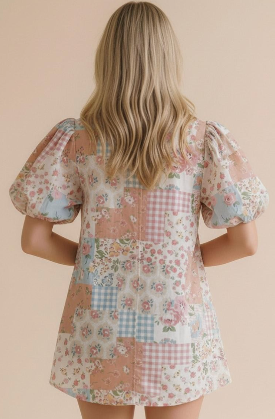 Patchwork Floral Puff Sleeve Top