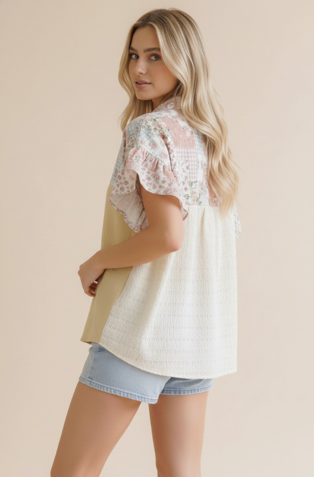 Pretty Patchwork Floral Button Down Top