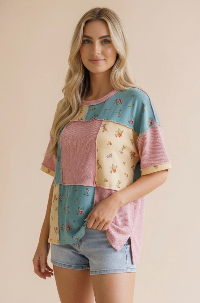 Patchwork Floral Waffle Knit Top