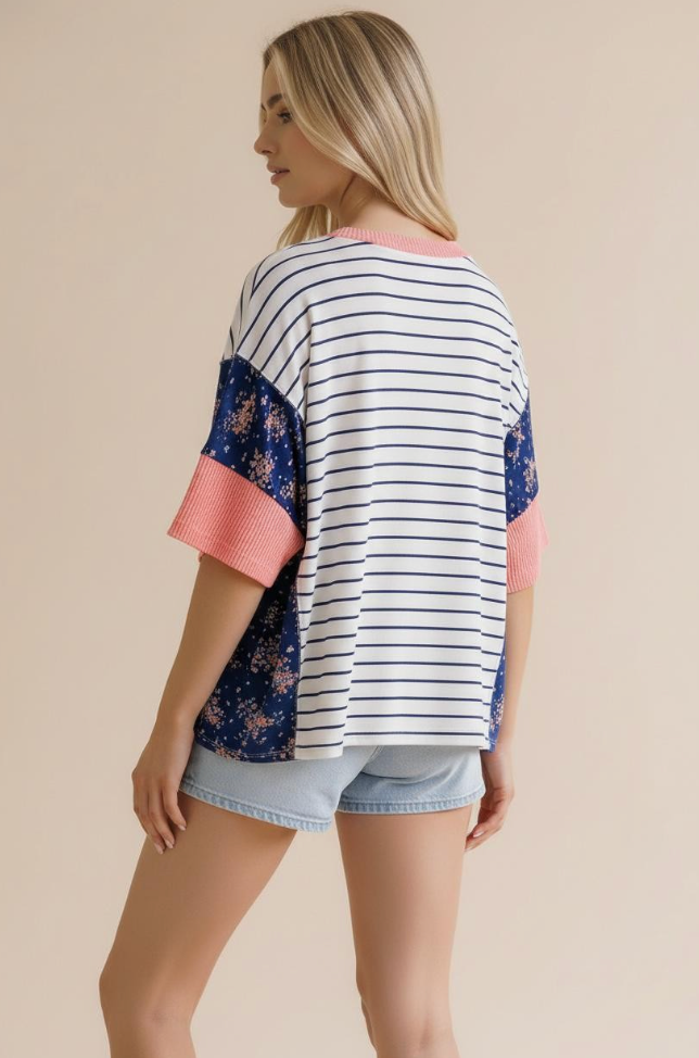 Stripe and Floral Mixed Media Oversized Top
