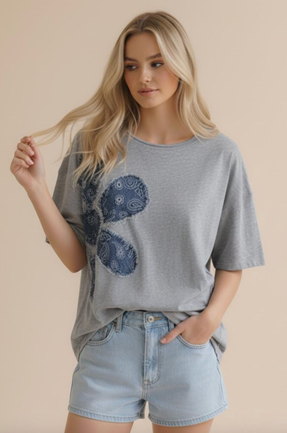 Paisley Patchwork Cactus Tee in Heather Gray