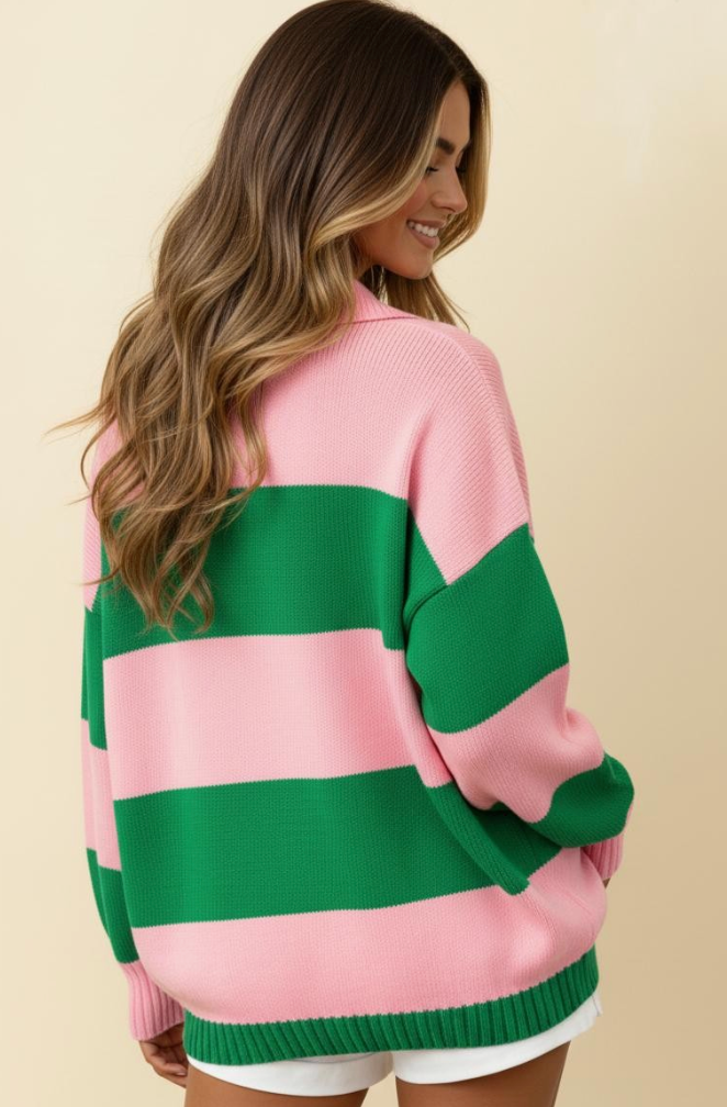 I'll Be On The Sidelines Green and Pink Sweater