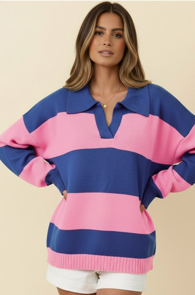I'll Be On The Sidelines Blue and Pink Sweater