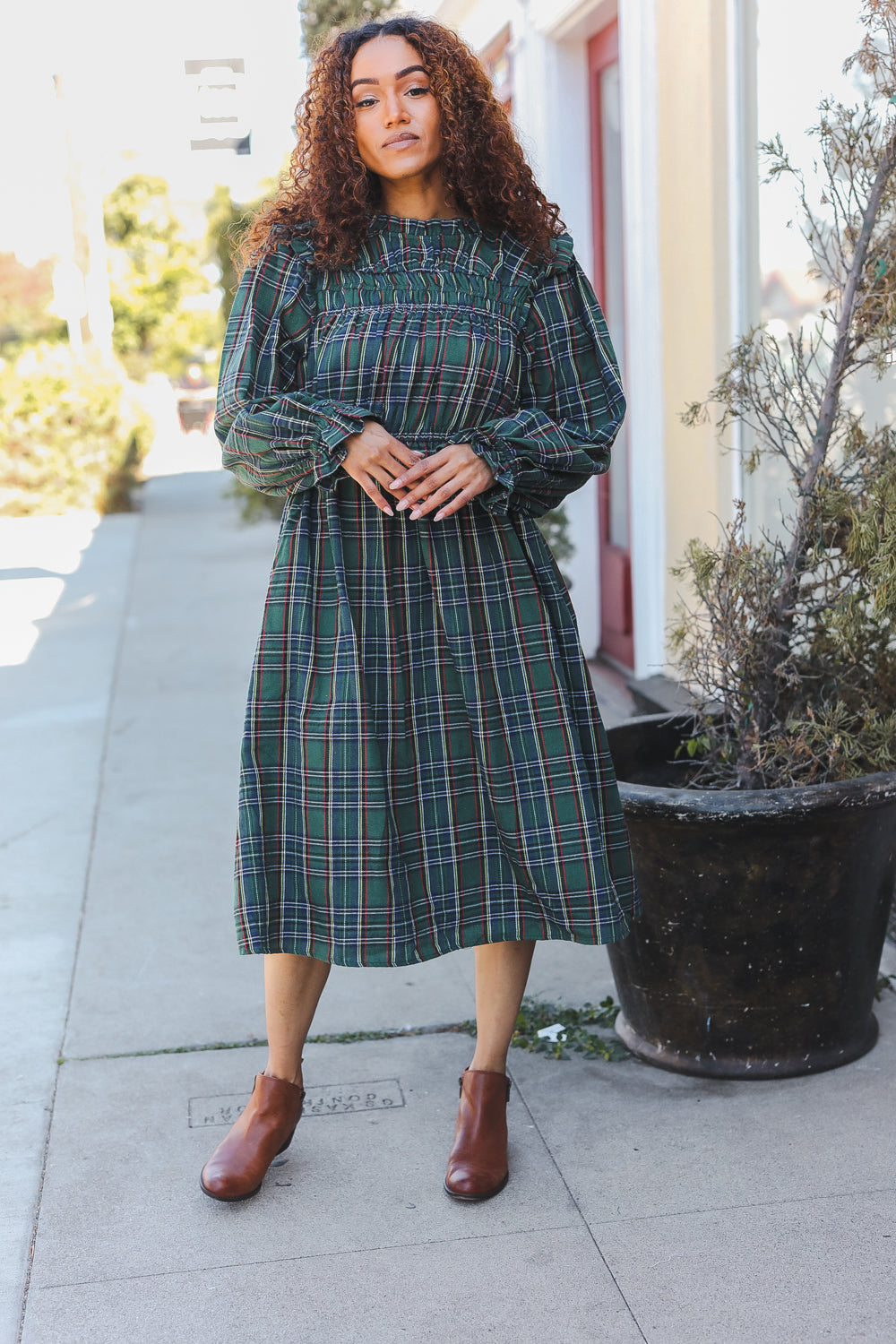 All I Want Hunter Green Plaid Check Woven Pocketed Dress