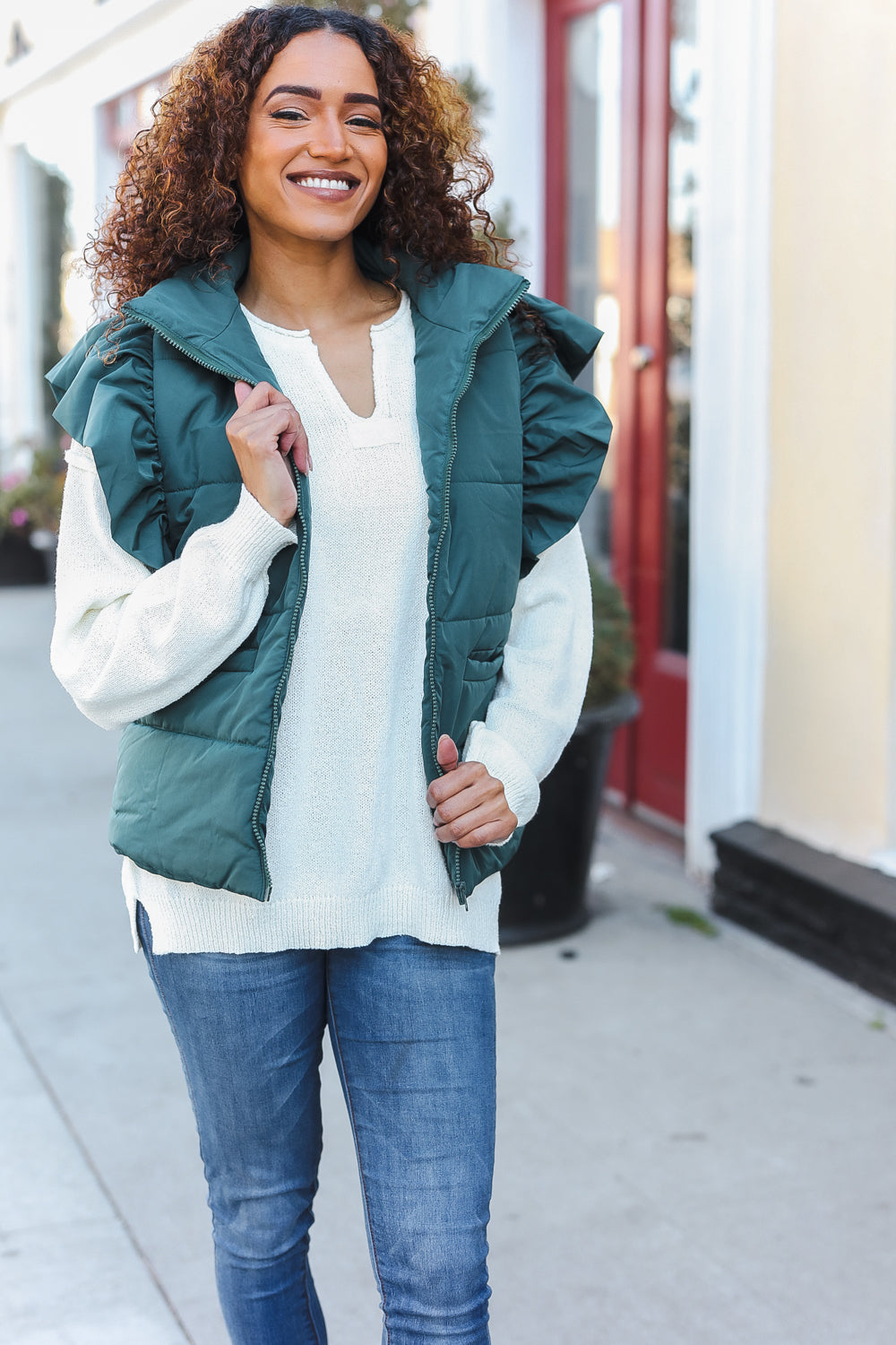 Feeling Festive Hunter Green Zipper Up Quilted Ruffle Sleeve Puffer Vest