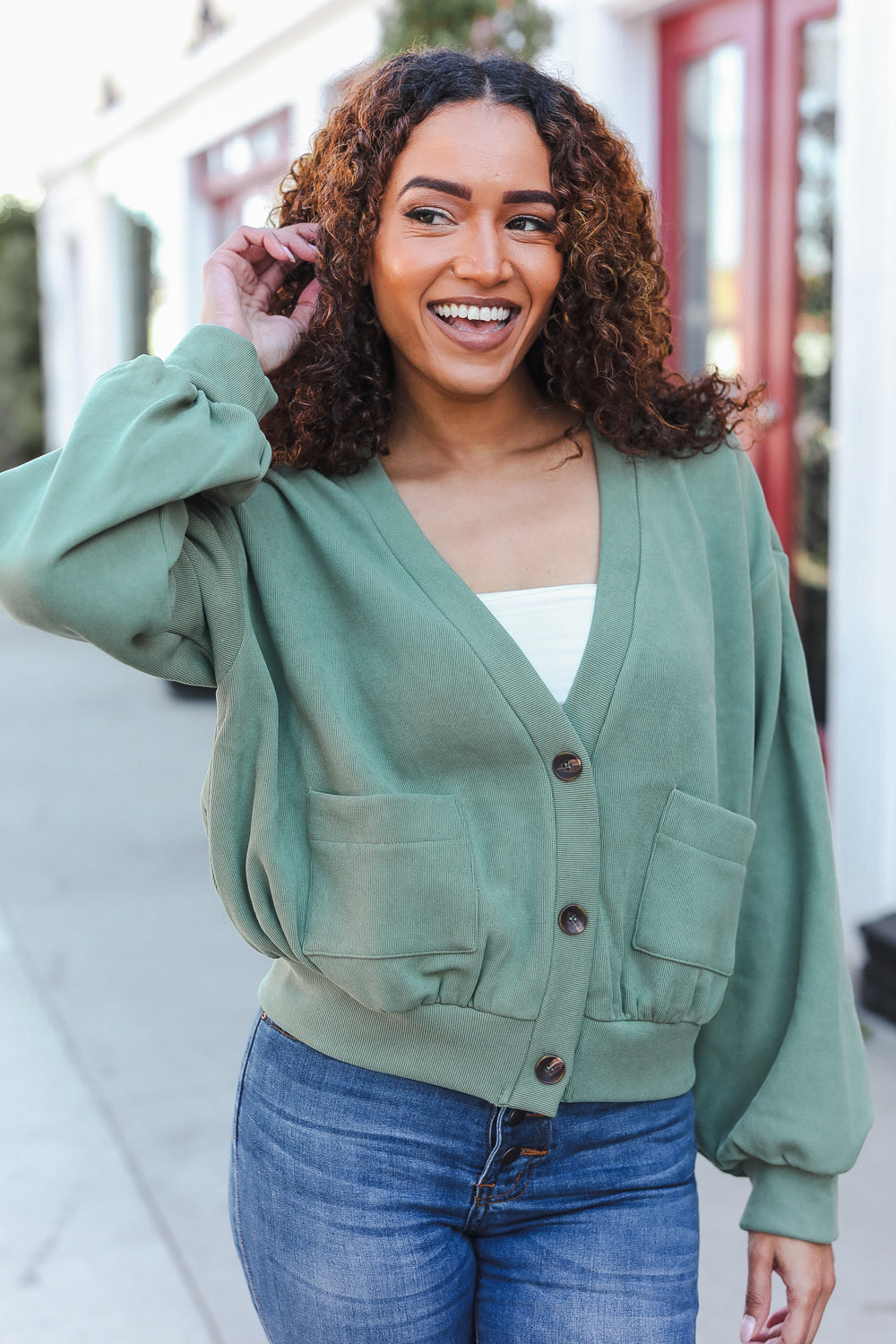 Weekend Ready Green Boyfriend Button Down Cropped Jacket