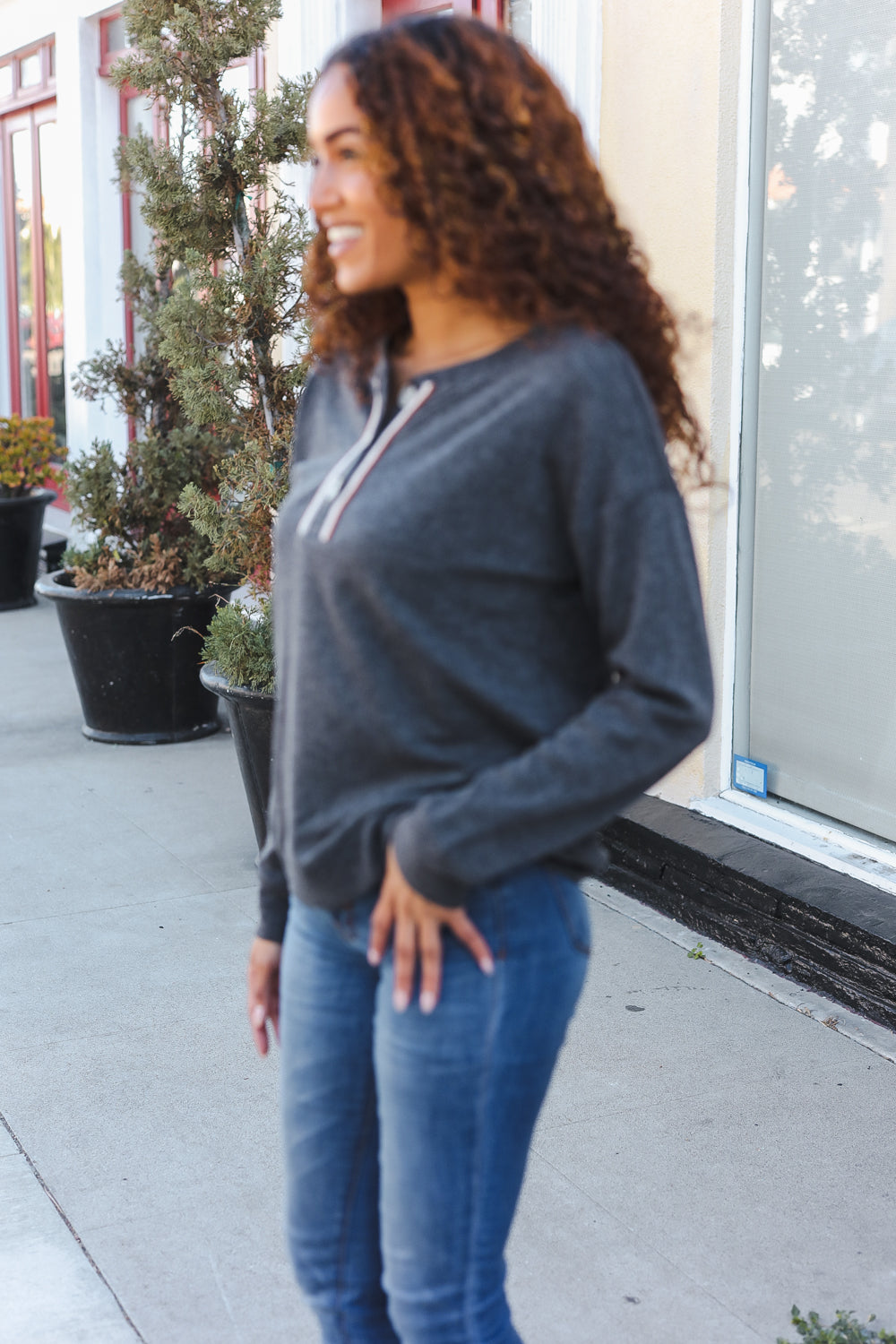 Casual Days Grey Ribbed Knit Button Down Henley Pullover