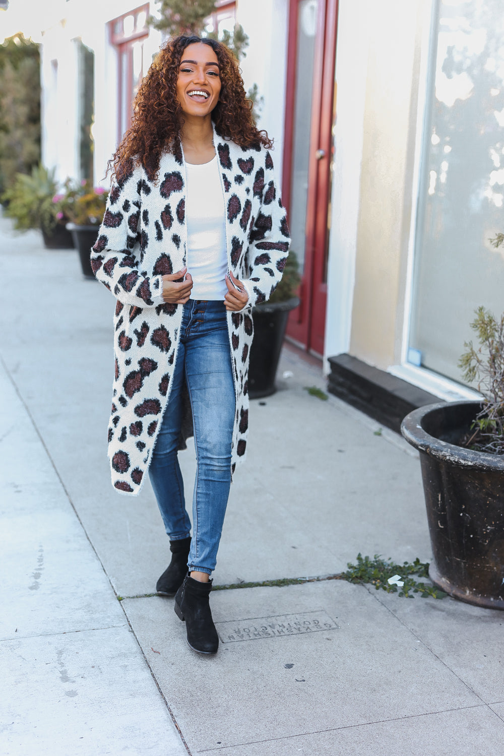 Boldly You Cream Fury Knit Animal Print Open Duster Cardigan