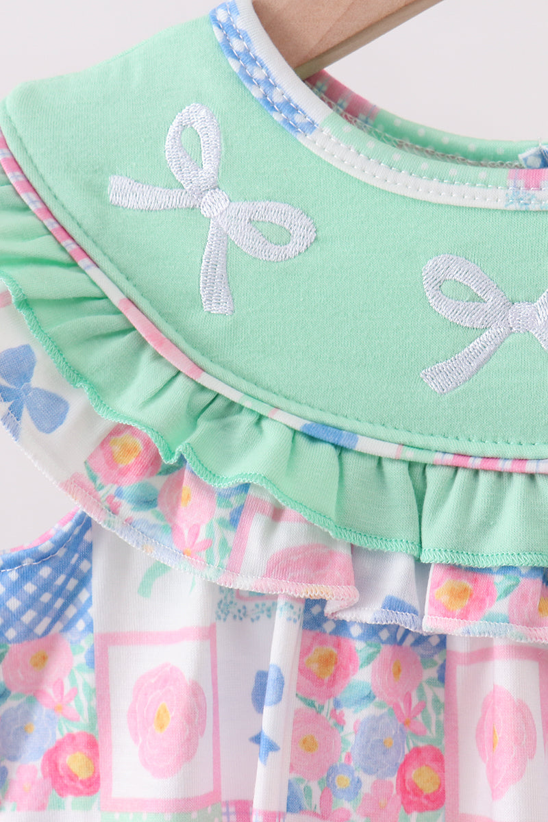 Green Bow Embroidered Checkered Bubble