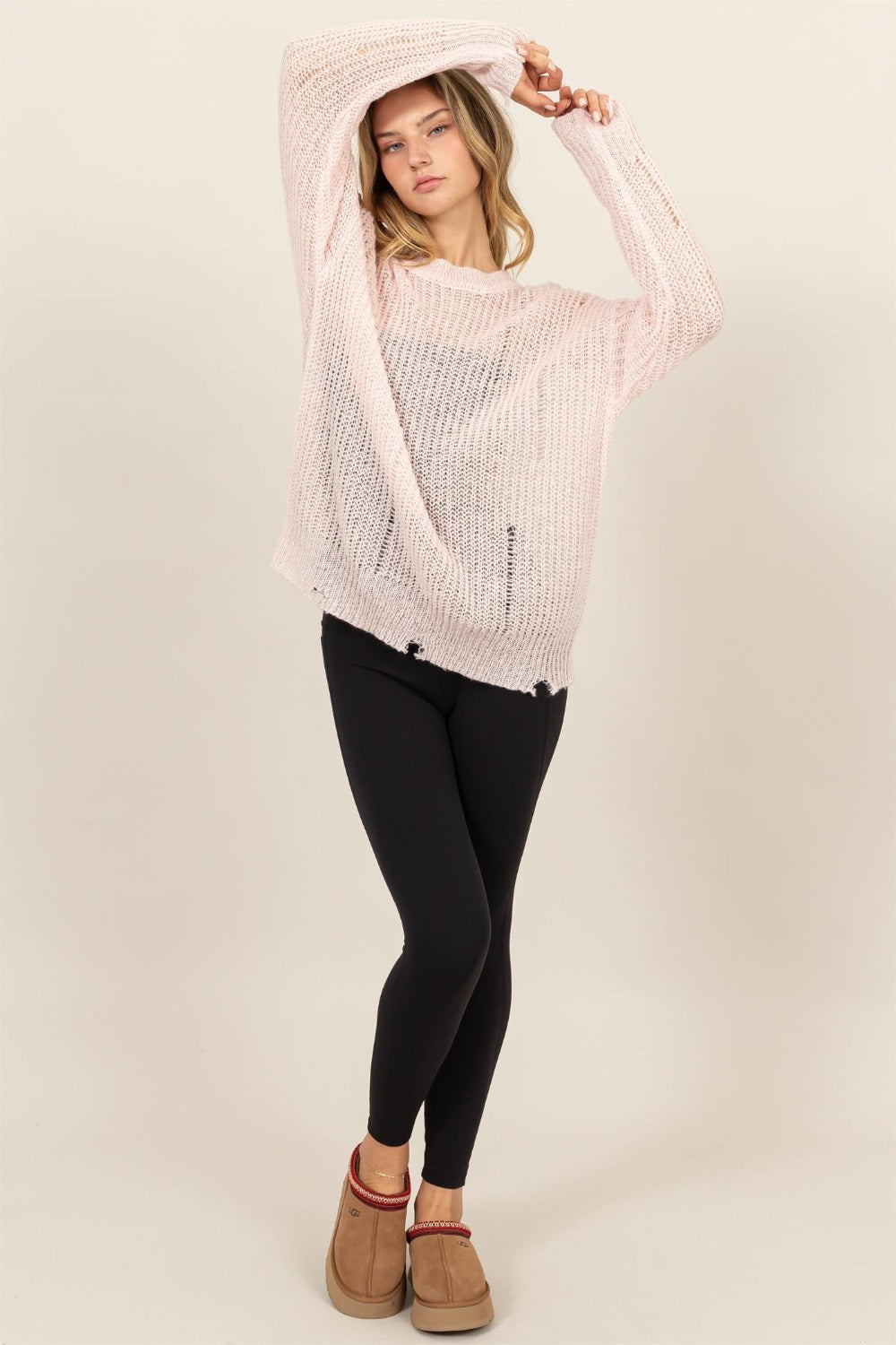 Dani Distressed Long Sleeve Knit Top - Pale Pink