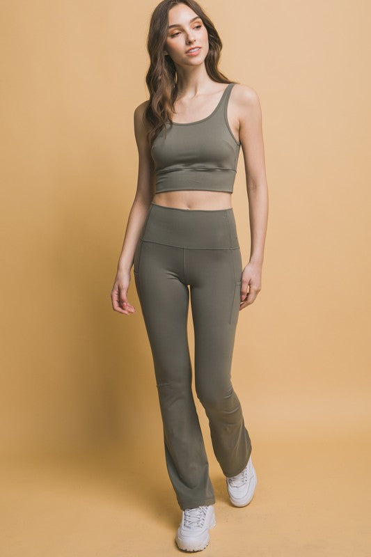 High Waist Flare Active Leggings with Pockets - Moss