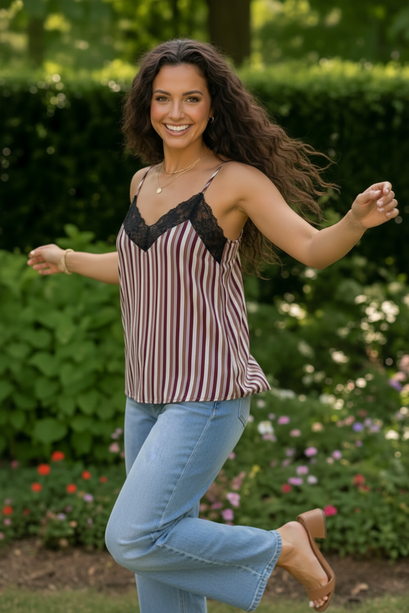 Lace Trim Striped Satin Cami
