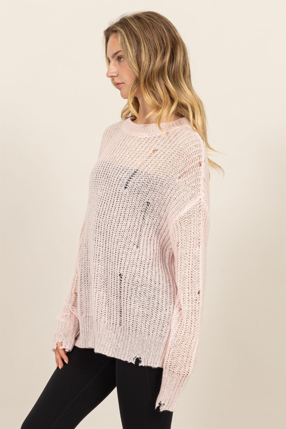 Dani Distressed Long Sleeve Knit Top - Pale Pink