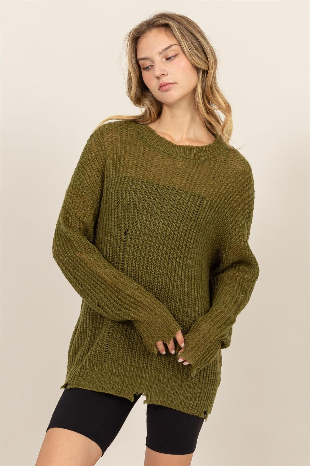 Dani Distressed Long Sleeve Knit Top - Moss