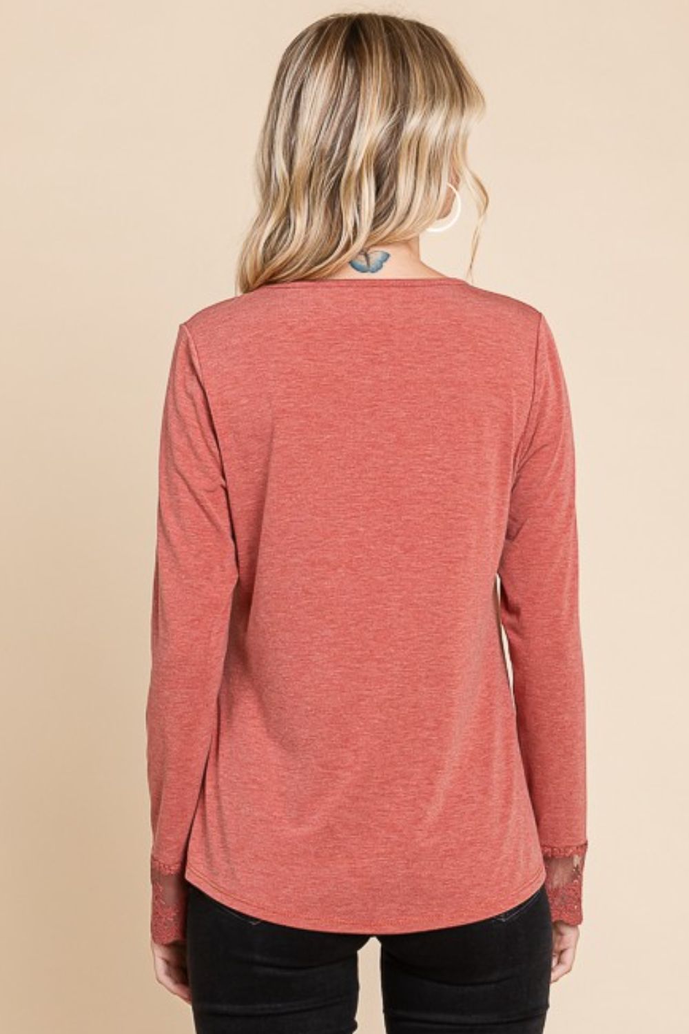 Lovely Lace Detail Round Neck T-Shirt - Rust