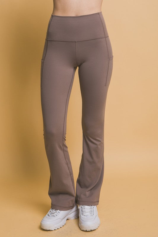 High Waist Flare Active Leggings with Pockets - Taupe