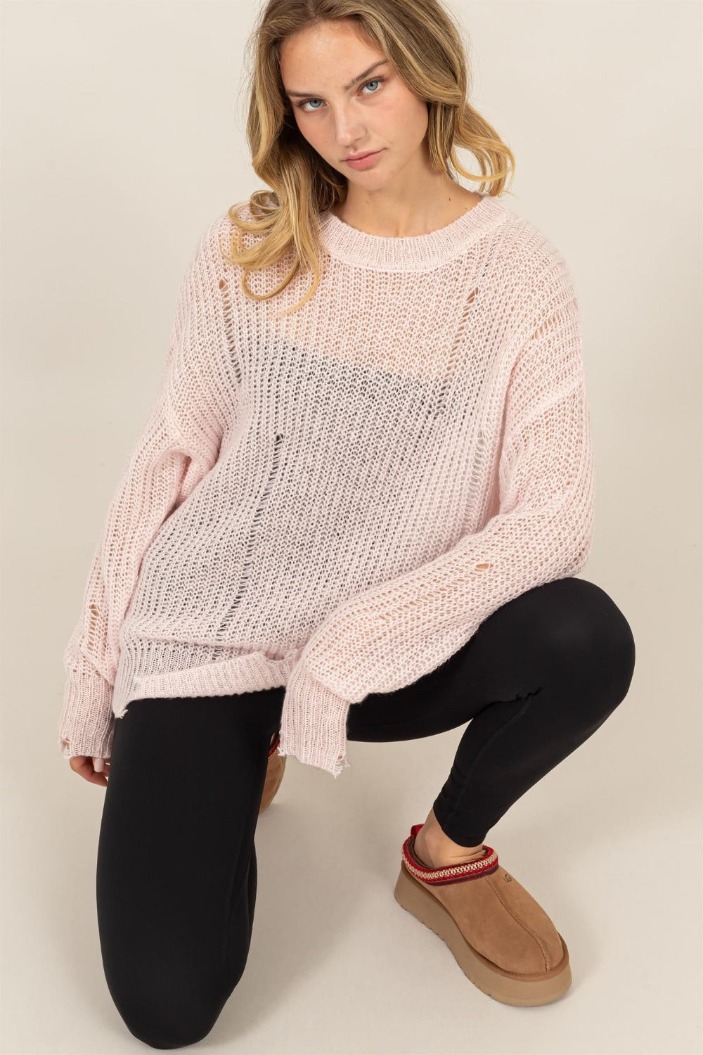 Dani Distressed Long Sleeve Knit Top - Pale Pink