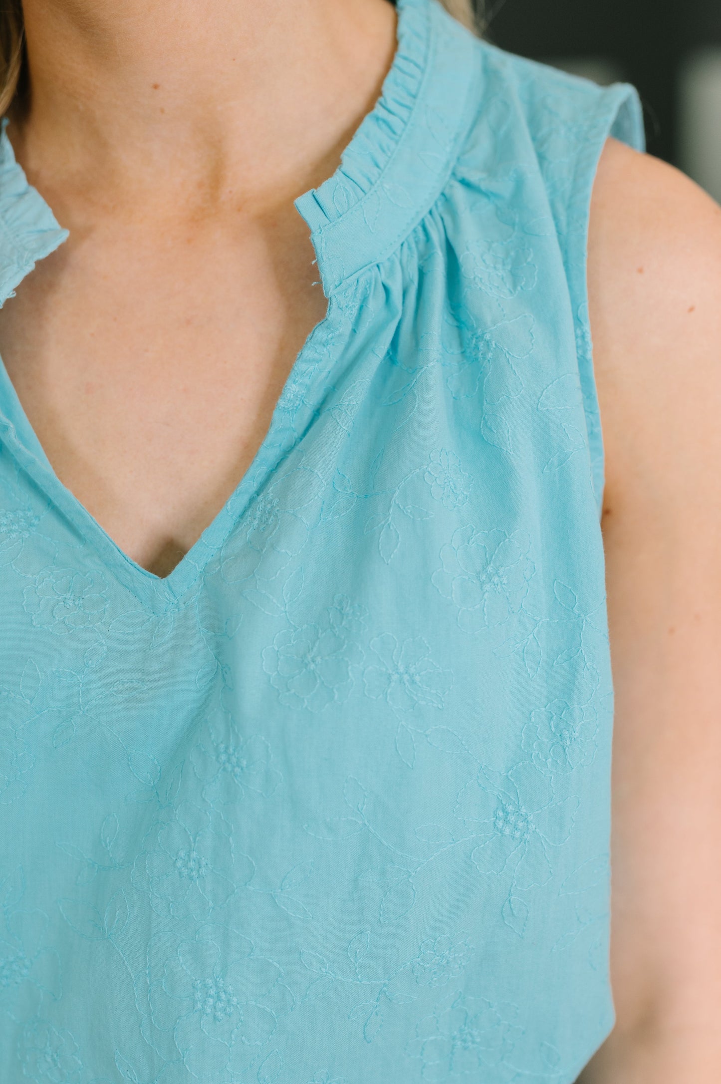 Camellia Split Neck Embroidered Tank in Aqua