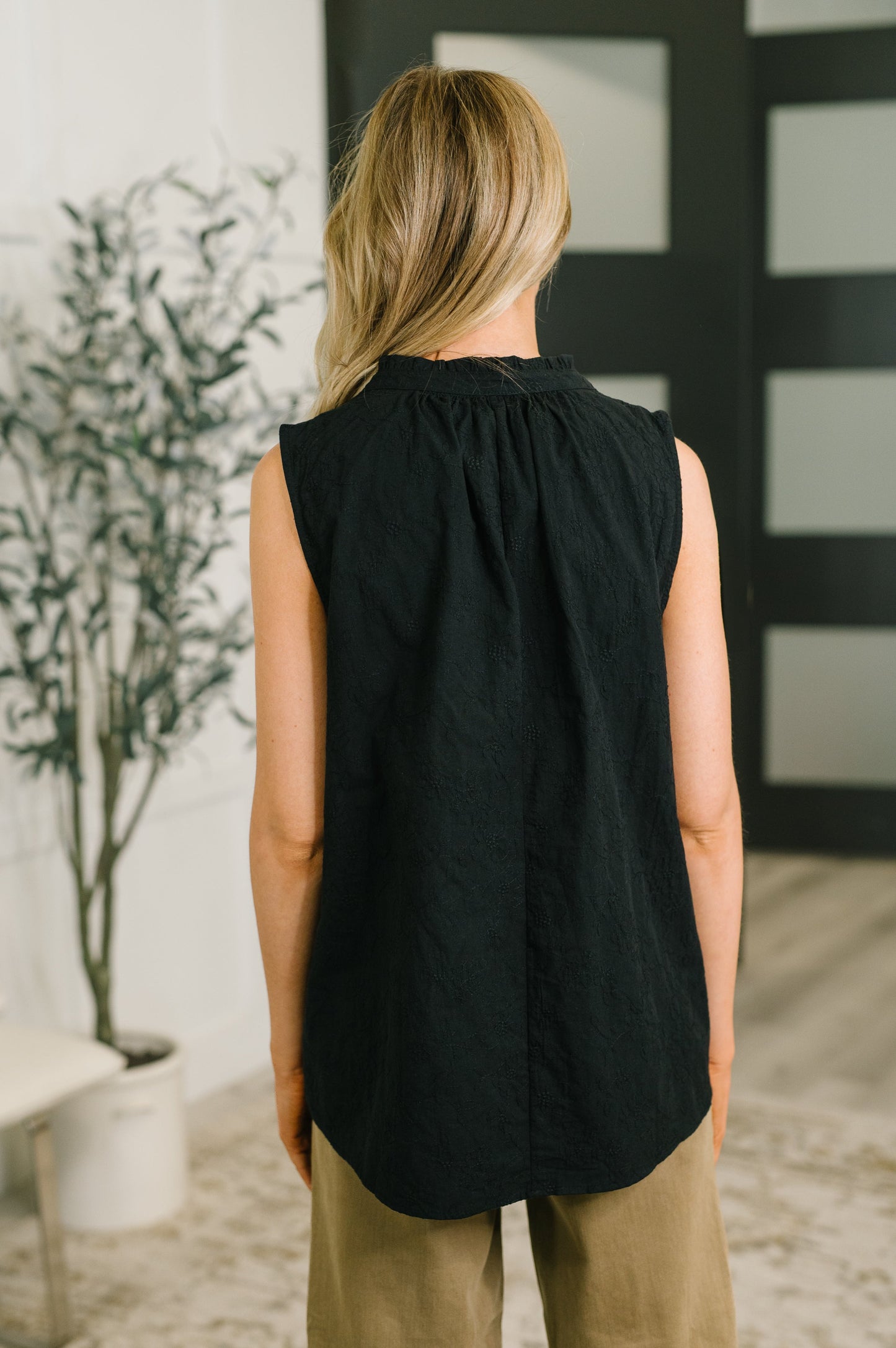 Camellia Split Neck Embroidered Tank in Black