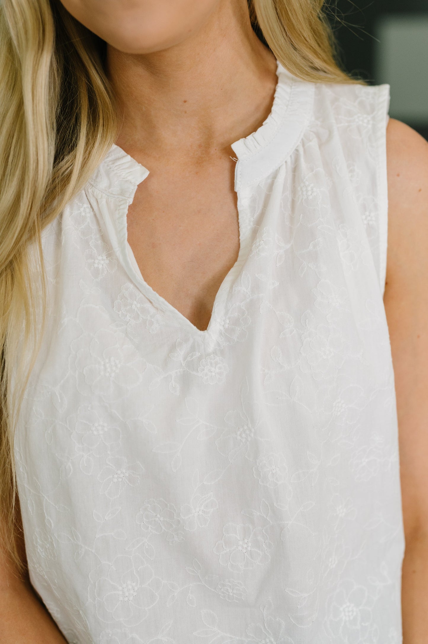Camellia Split Neck Embroidered Tank in Off White