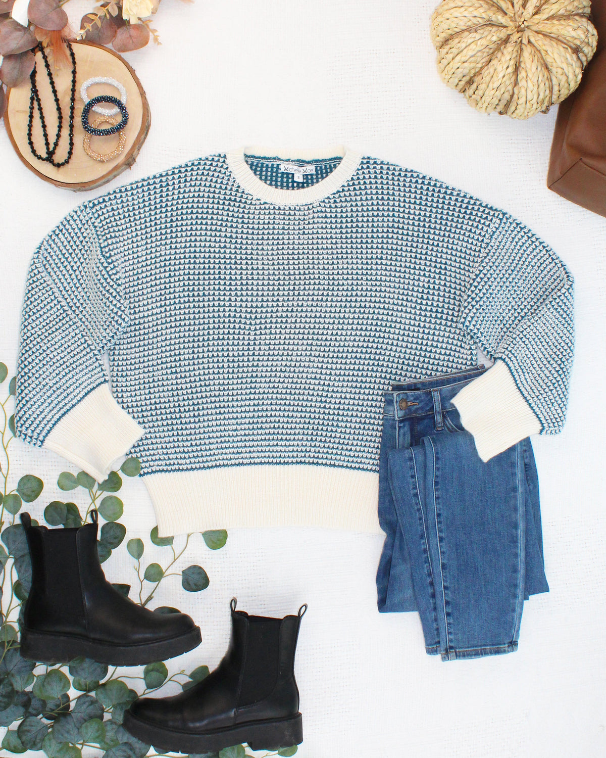 Charlotte Sweater - Teal and Ivory FINAL SALE