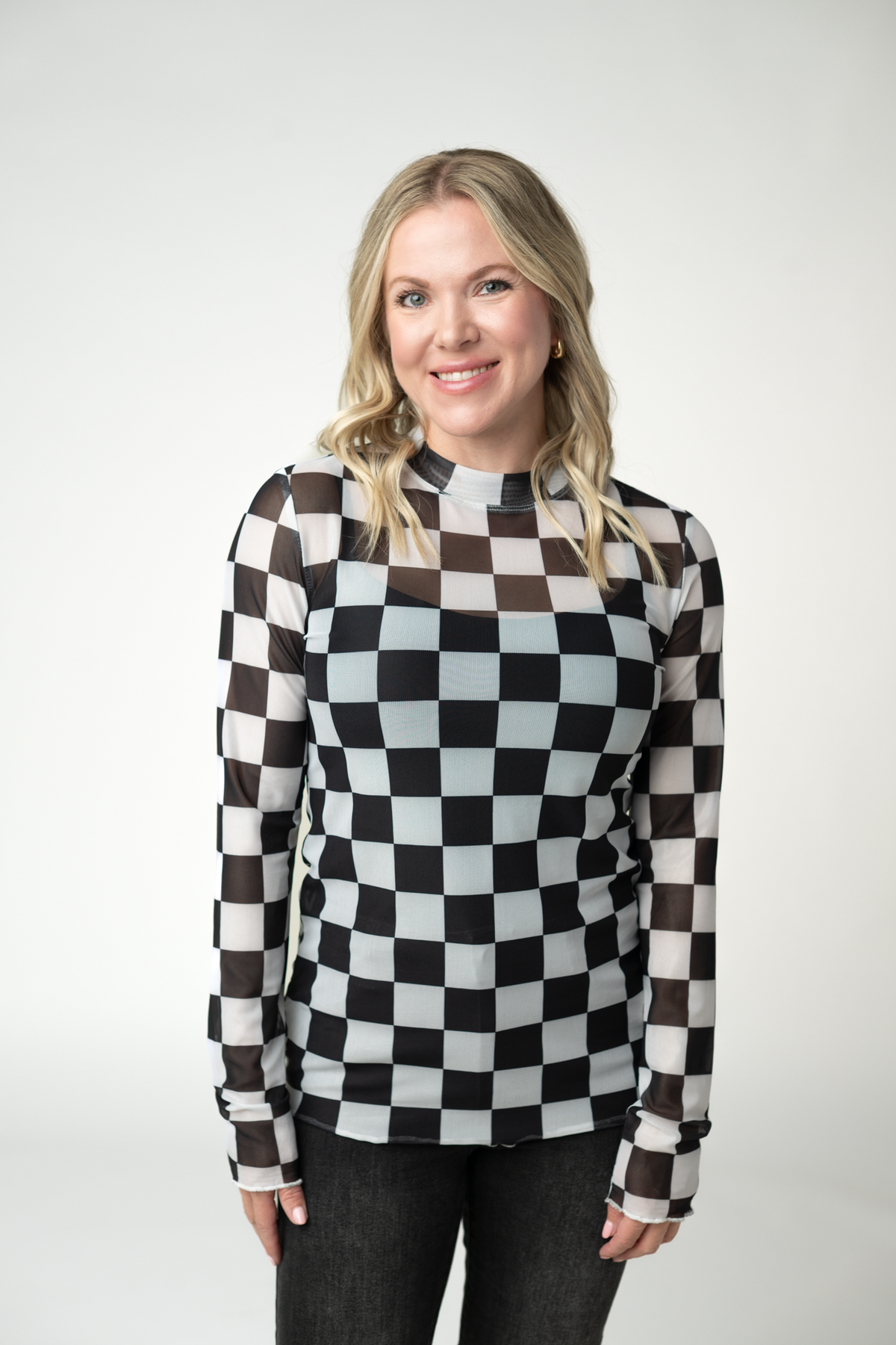 Blair Mesh Long Sleeve Top - Black and White Checkers FINAL SALE