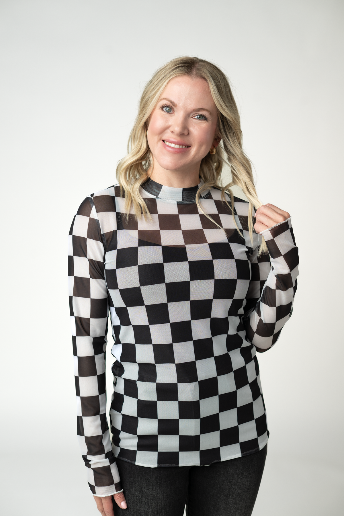 Blair Mesh Long Sleeve Top - Black and White Checkers FINAL SALE