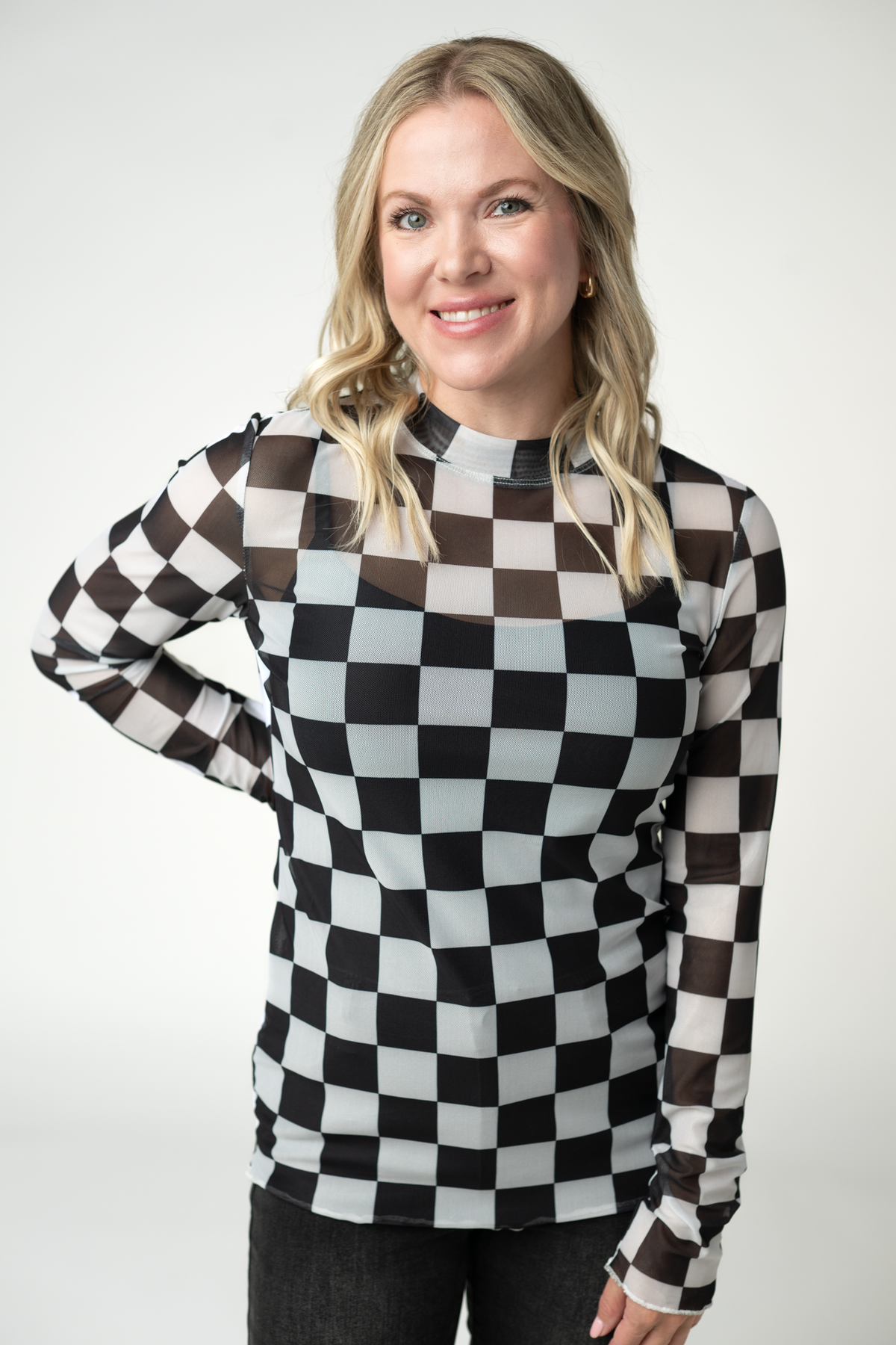 Blair Mesh Long Sleeve Top - Black and White Checkers FINAL SALE