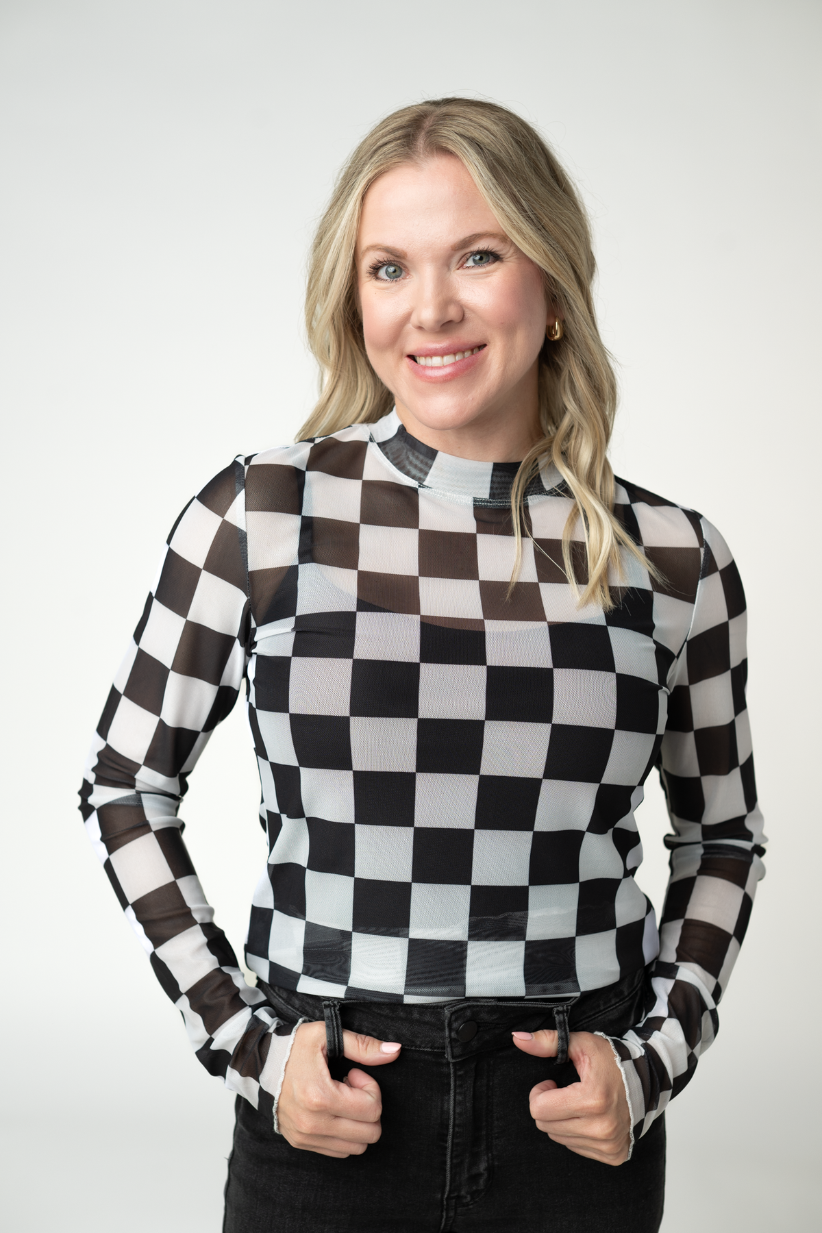 Blair Mesh Long Sleeve Top - Black and White Checkers FINAL SALE