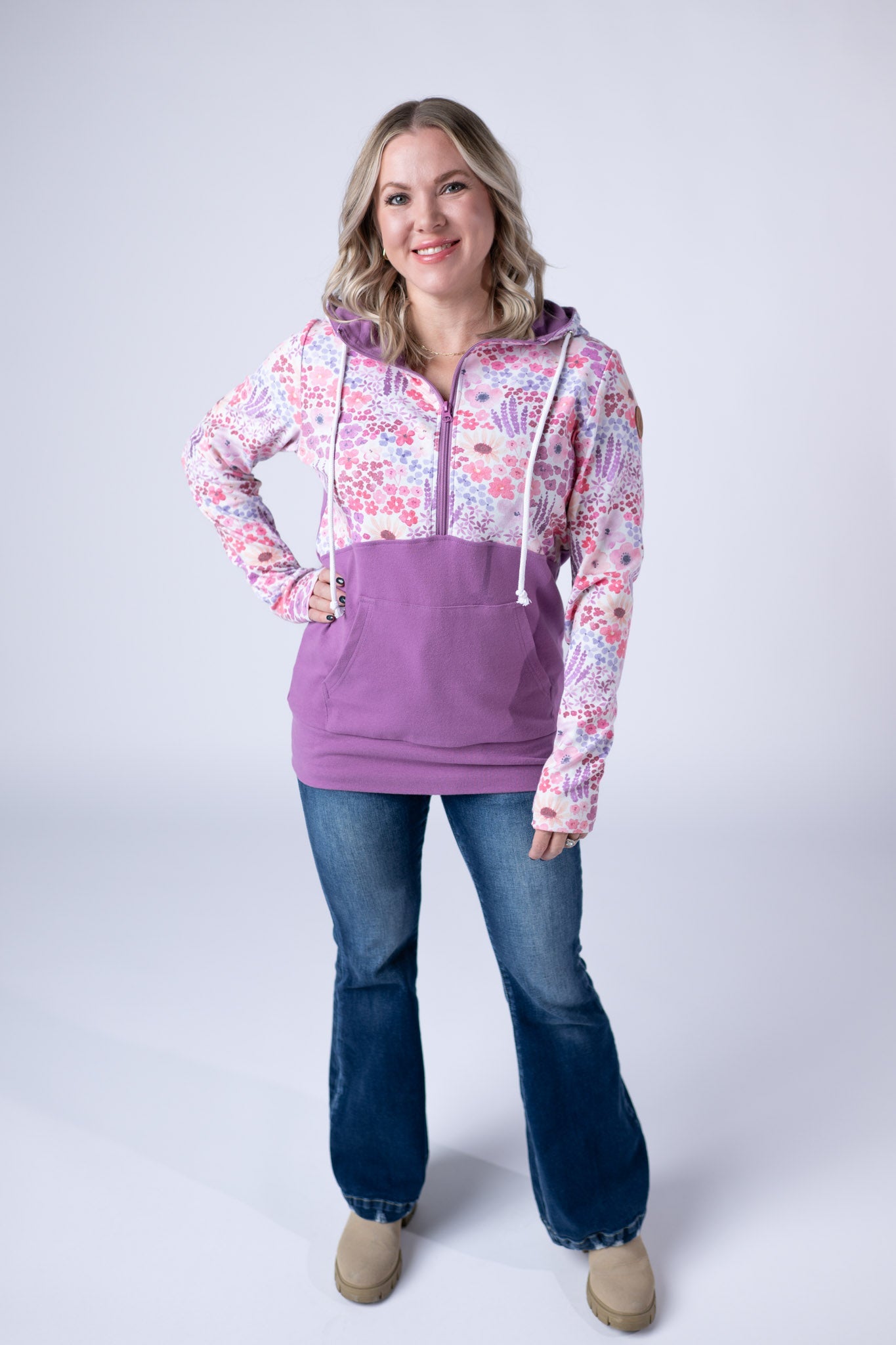 Halfzip Hoodie - Coral Sunset Floral and Mauve