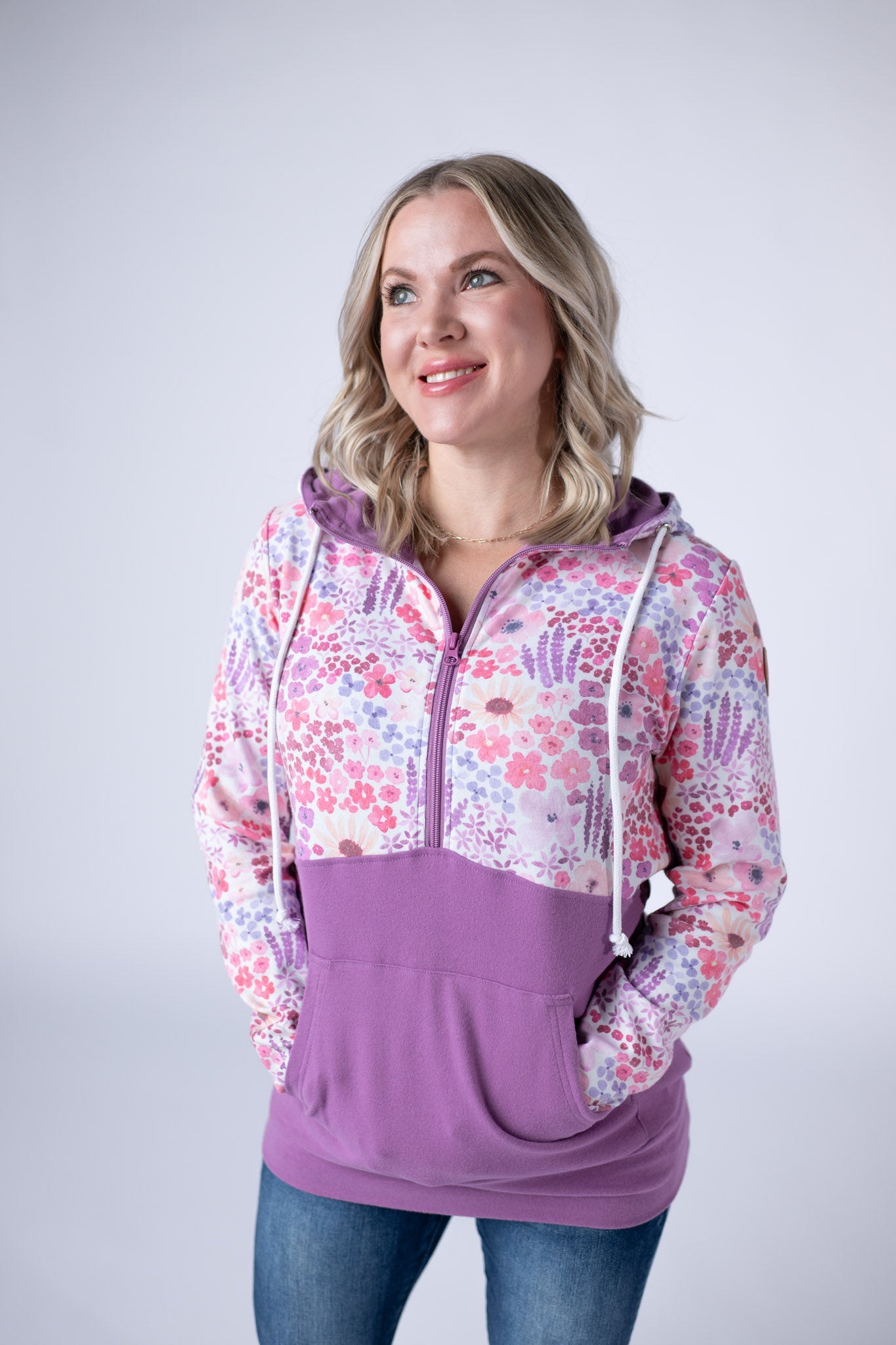 Halfzip Hoodie - Coral Sunset Floral and Mauve