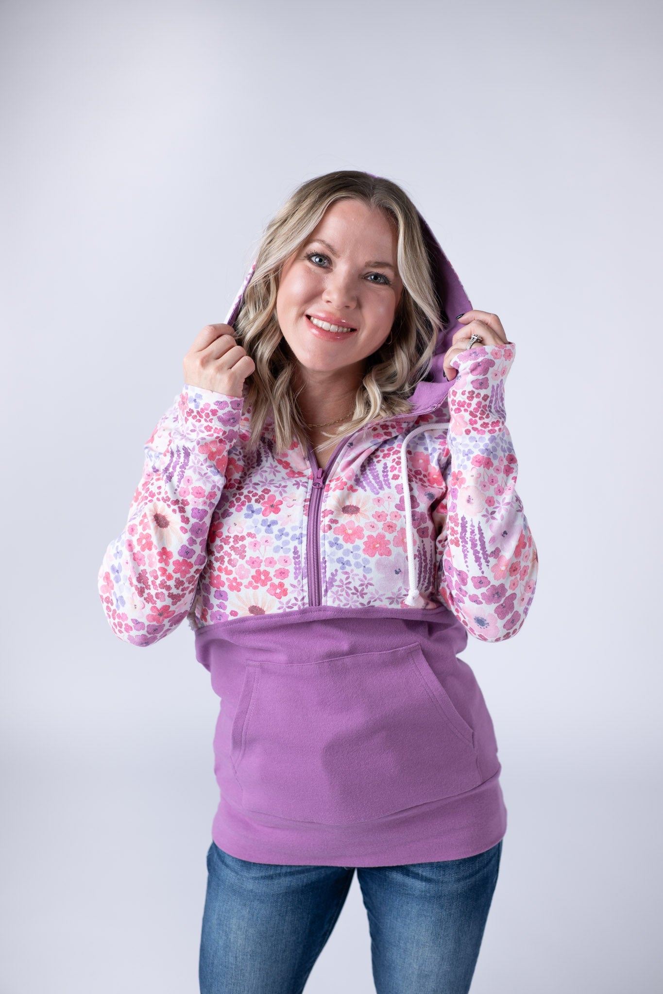 Halfzip Hoodie - Coral Sunset Floral and Mauve