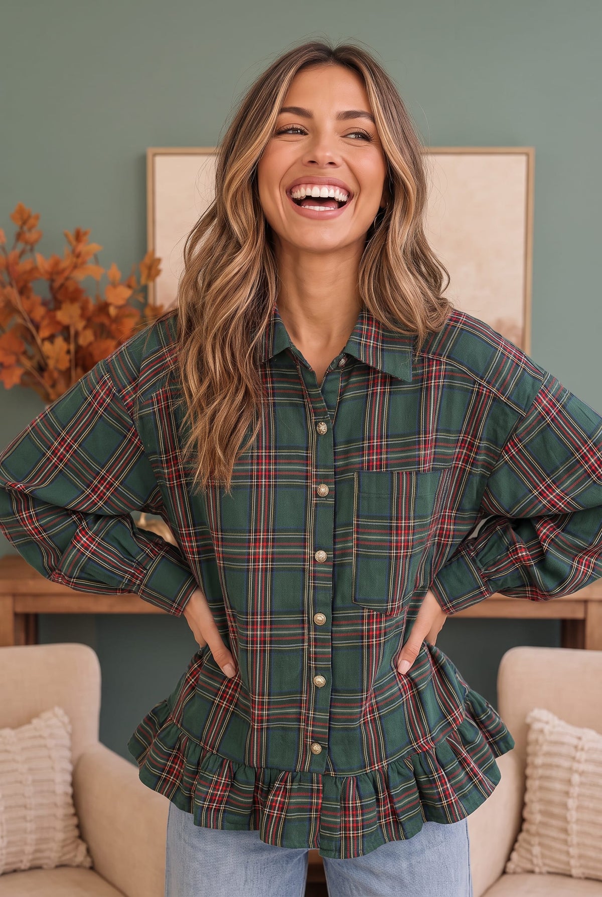 Ruffle the Rules Plaid Flannel Top in Green