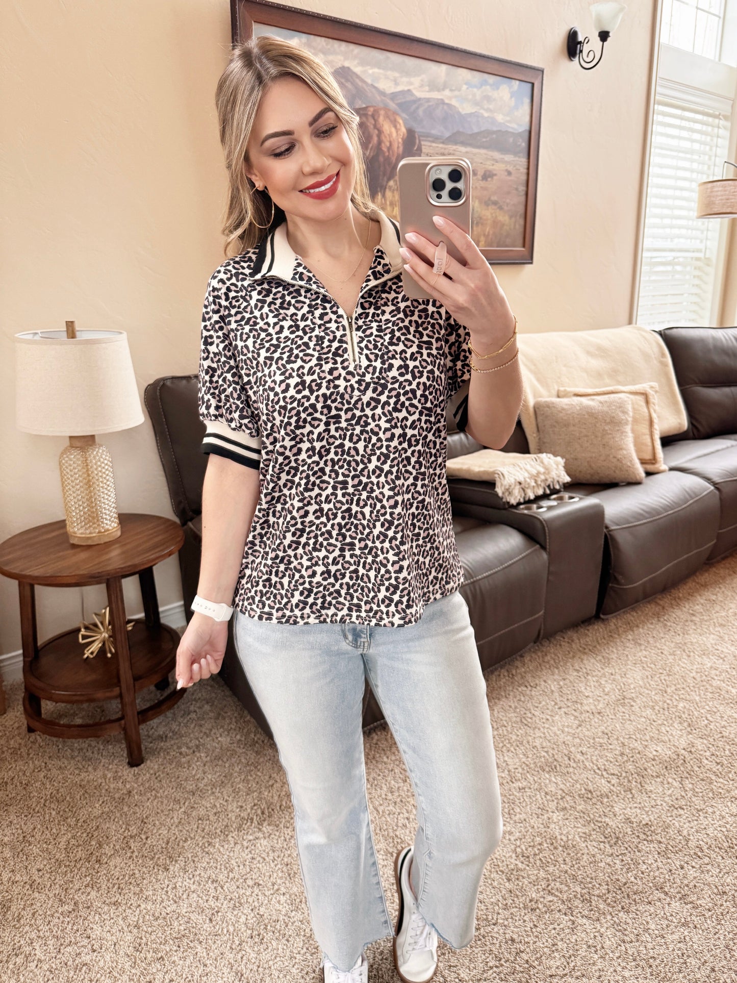 Collared Leopard Top With Zipper