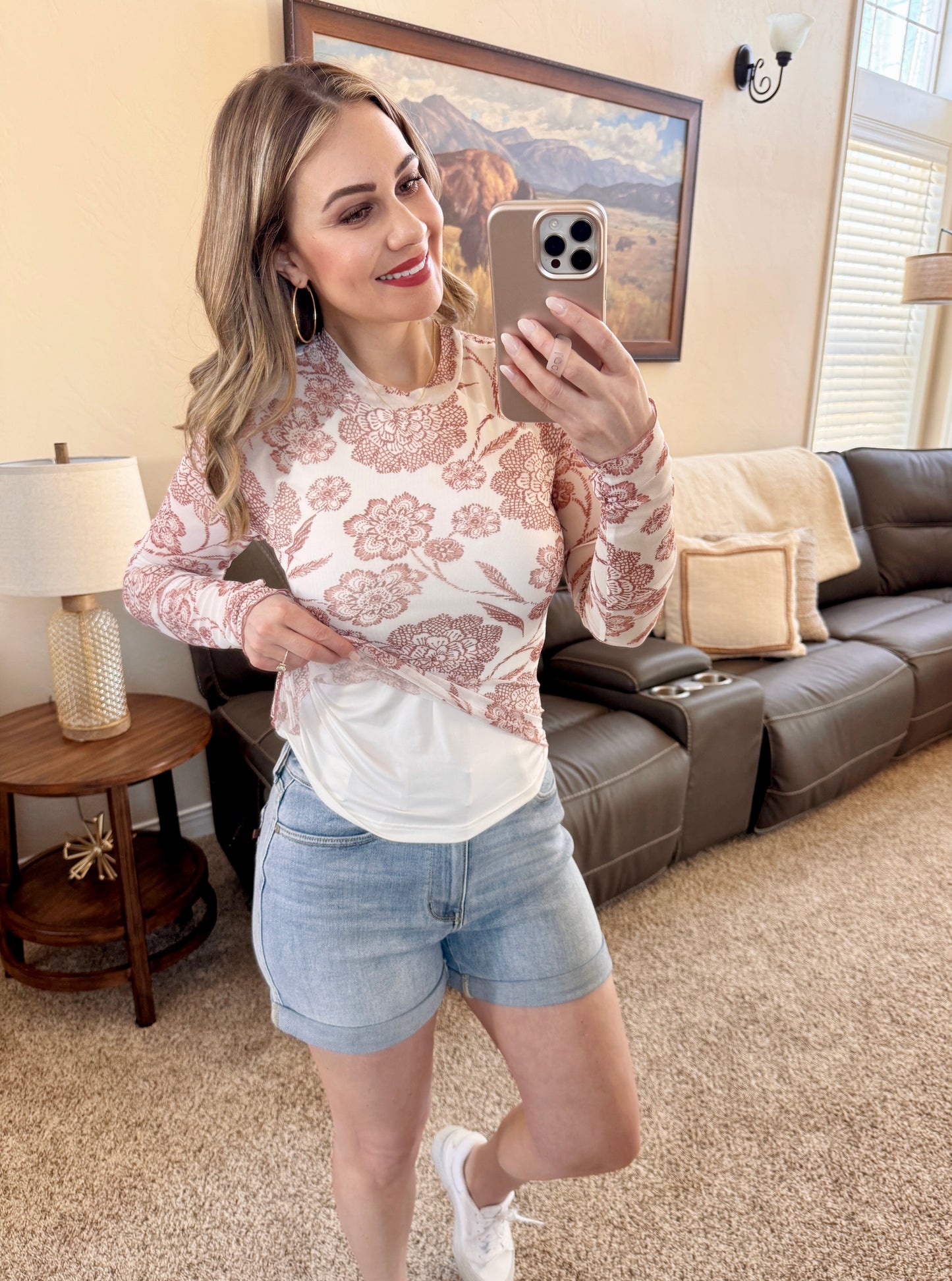 Caramel Floral Semi Sheer Lined Top