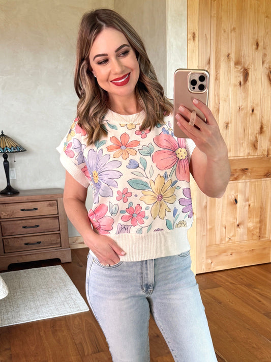 Floral Watercolor Short Sleeve Sweater
