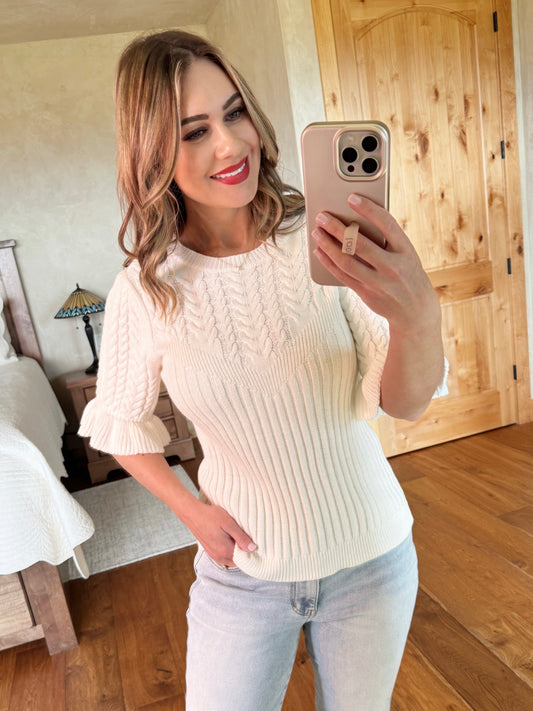 Cable Knit Ruffle Sleeve Sweater In Cream