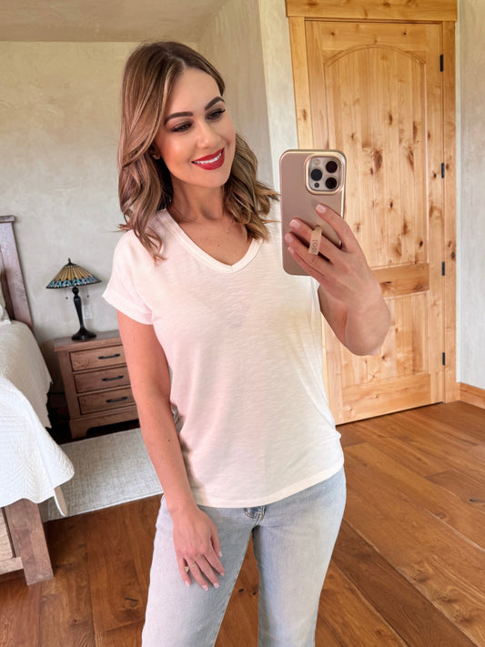 Heathered Ivory V Neck Short Sleeve Top