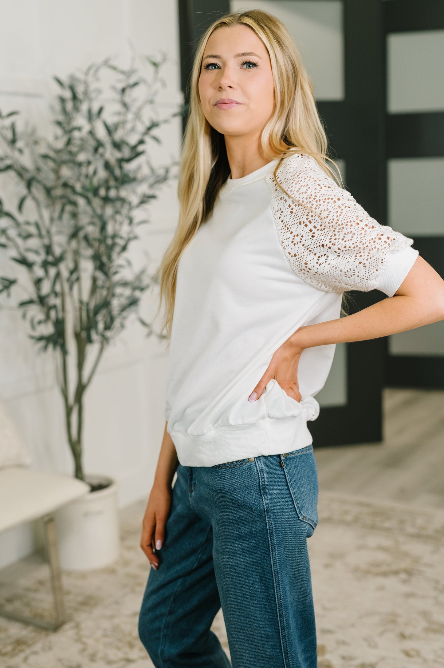 Never Too Lace Raglan Crochet Sleeve Top