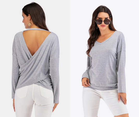 V-Neck Drop Shoulder Open Back Sweatshirt