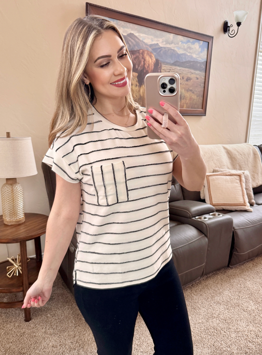 Ivory and Black Striped Ribbon Knit Top