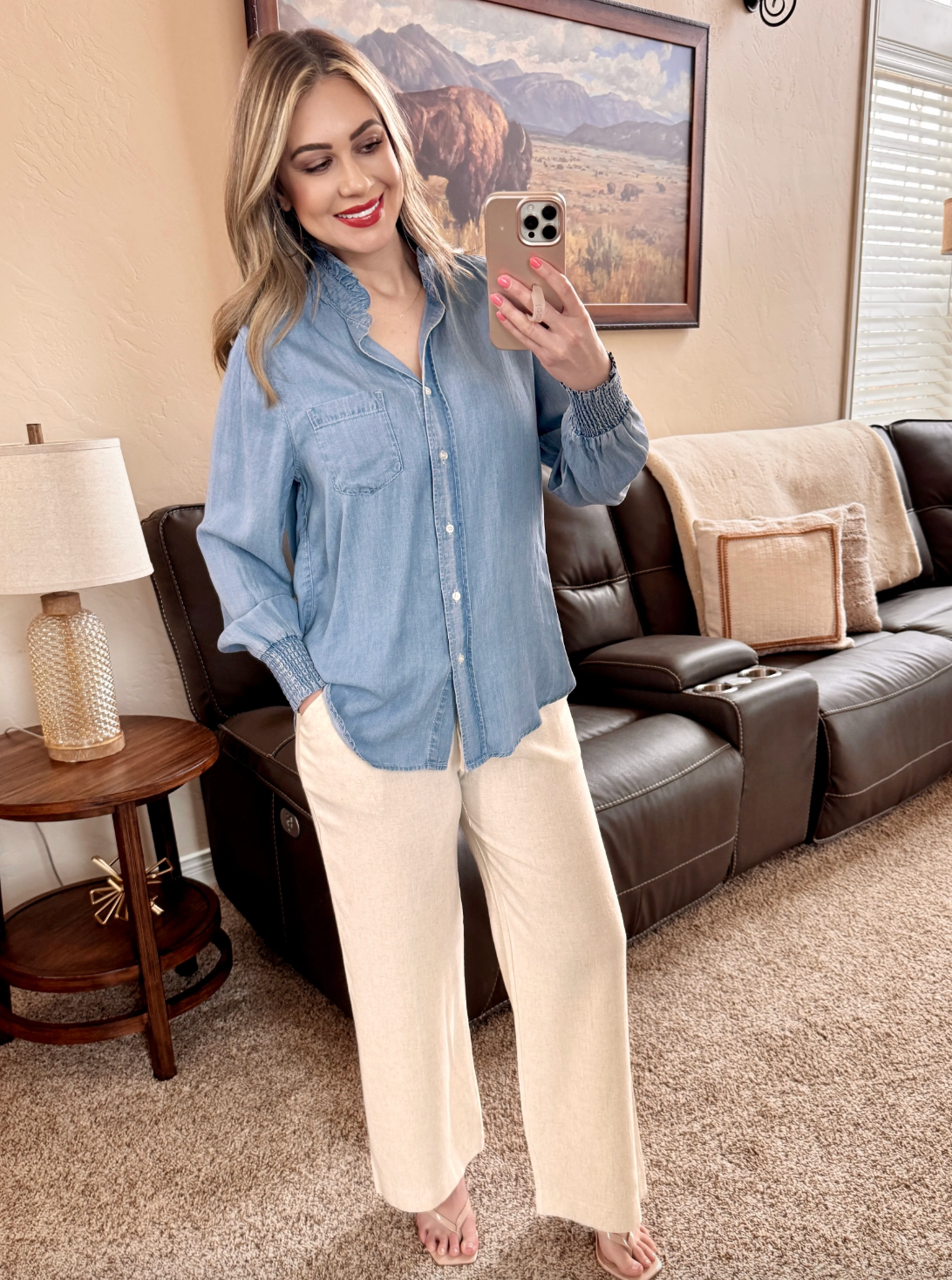 Smocked Sleeve Denim Button Down Top