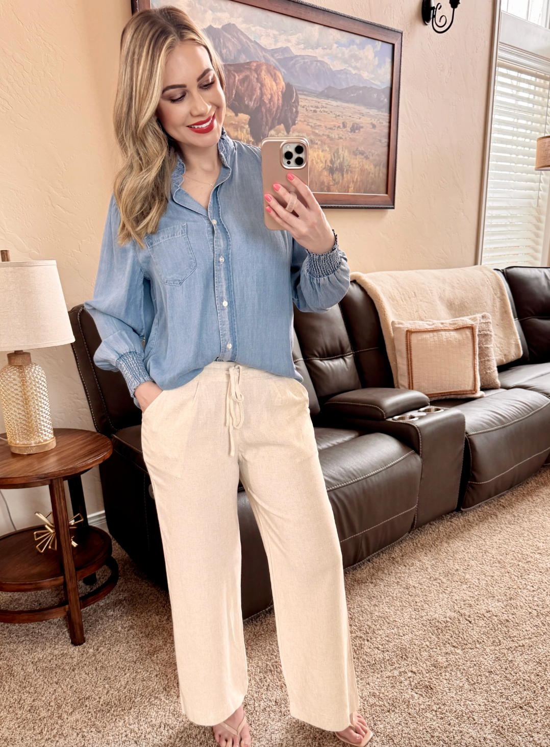 Smocked Sleeve Denim Button Down Top