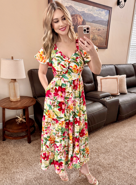 Tropical Floral Tiered Sweetheart Dress
