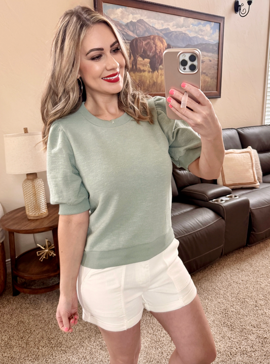 Puff Sleeve Knit French Terry Top In Sage