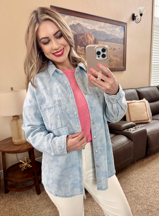 Light Wash Floral Print Risen Shacket
