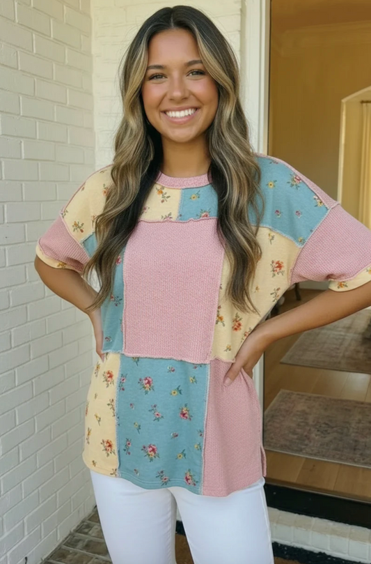 Patchwork Floral Waffle Knit Top