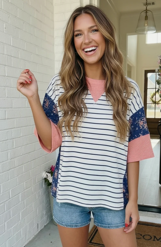 Stripe and Floral Mixed Media Oversized Top