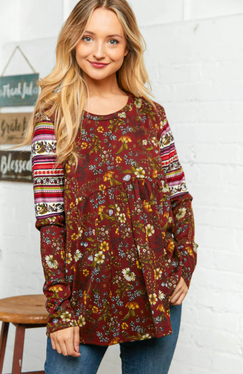 Burgundy Hacci Babydoll Ethnic Sleeve Top